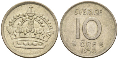 Швеция 10 эре 1958 Густав VI Адольф (1950-1973) KM 823 серебро 4585-339