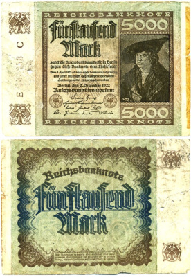 ГЕРМАНИЯ 5000 МАРОК 1922 2 ДЕКАБРЯ 1922, ВОДЯНОЙ ЗНАК Е, В ЗВЁЗДАХ G/D, ДЮРЕР Pick 81а бумага 6312-6-1