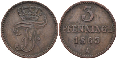 Мекленбург-Шверин 3 пфеннига 1863 А, Фридрих Франц II (1842-1883) Jaeger 56, AKS 48, KM 310 (C101a) медь 100-333