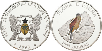 Сан-Томе и Принсипи 1000 добра 1995 серия флора и фауна, птичка, цветная эмаль, тираж 15000 экз. KM 76 серебро PROOF 1098-1-12