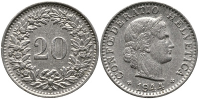 ШВЕЙЦАРИЯ 20 РАППЕНОВ 1944 В KM 29а медно-никель 4539-544