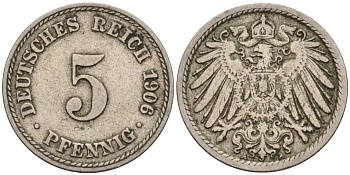 Германия 5 пфеннигов 1906 F KM 11, J. 12 медно-никель 4151-456