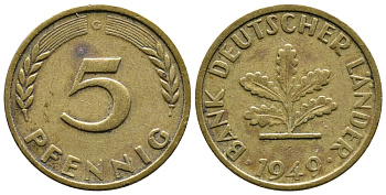 ФРГ 5 ПФЕННИГОВ 1949 G KM 102, J. 377 сталь плакированная латунью 26-1054
