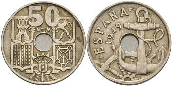 ИСПАНИЯ 50 СЕНТИМО 1949 (53) ФРАНСИСКО ФРАНКО ДИКТАТОР ИСПАНИИ ( 1939- 1975) , МОРСКАЯ АТРИБУТИКА KM 777 медно-никель 216-522