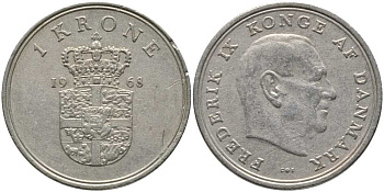 ДАНИЯ 1 КРОНА 1968 C; S, ФРЕДЕРИК IX (1947-1972) KM 851.1 медно-никель 24-742