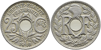 ФРАНЦИЯ 25 САНТИМОВ 1918 KM 867a медно-никель 83-351