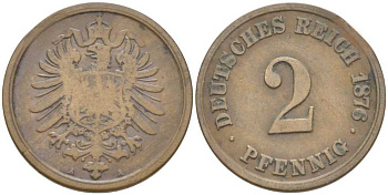 ГЕРМАНИЯ 2 ПФЕННИГА 1876 A, СТАРОГЕРБОВКА KM 2, J. 2, Weege 3 медь 212-646