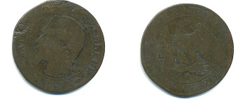 ФРАНЦИЯ 5 САНТИМОВ 1855 А, НАПОЛЕОН III (1852-1870) KM 777.1 бронза 37-713