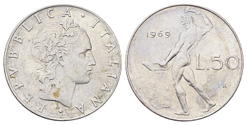 Италия 50 лир 1969 R, бог огня Вулкан у наковальни KM 95.1 нержавеющая сталь 3336-752
