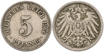 Германия 5 пфеннигов 1906 F KM 11, J. 12 медно-никель 4151-456