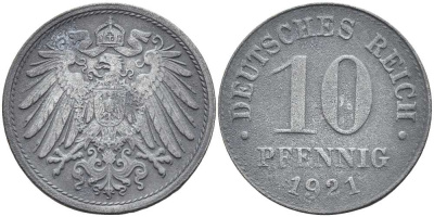 ГЕРМАНИЯ 10 ПФЕННИГОВ 1921 KM 26, J. 299 цинк 4401-212