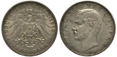 Бавария 3 марки 1910 Отто (1886-1913) Weege 45, J. 47, KM 515 серебро 3711-1942