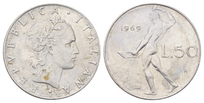 Италия 50 лир 1969 R, бог огня Вулкан у наковальни KM 95.1 нержавеющая сталь 3336-752