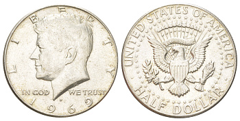 США 1/2 доллара (50 центов) 1969 D, Джон Кеннеди KM 202a серебро aUNC 4583-646