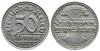 ГЕРМАНИЯ 50 ПФЕННИГОВ 1922 D KM 27, J. 301, Weege 10 алюминий 4380-915