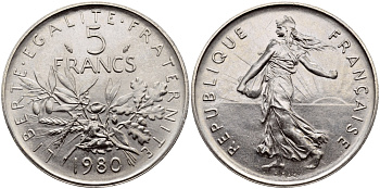 Франция 5 франков 1980 сеятель, тираж 60000 экземпляров KM 926a.1, LE FRANC 341.12 медно-никель плакированный никелем  UNC  1530-1411