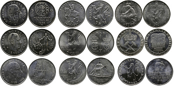 НОРВЕГИЯ ЛОТ ИЗ 9 ЮБИЛЕЙНЫХ МОНЕТ ПО 5 КРОН 1975-1997 KM 421, 422, 423, 428, 430, 456, 458, 459, 461 медно-никель UNC M47-01