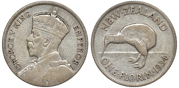Новая Зеландия 1 флорин 1934 Георг V (1910-1936), птичка киви KM 4 серебро 1531-634