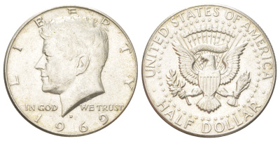 США 1/2 доллара (50 центов) 1969 D, Джон Кеннеди KM 202a серебро aUNC 4583-646