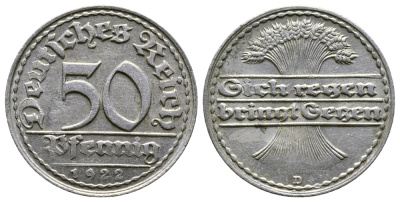 ГЕРМАНИЯ 50 ПФЕННИГОВ 1922 D KM 27, J. 301, Weege 10 алюминий 4380-915