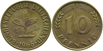 ФРГ 10 ПФЕННИГОВ 1966 J KM 108, J.383 сталь плакированная латунью 98-412