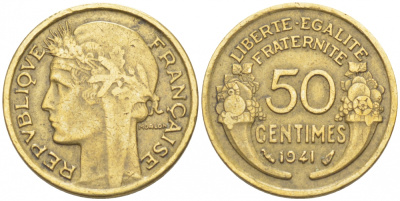 Франция 50 сантимов 1941 тип Морлон KM 894.1, Le Franc 192.18 алюминиевая бронза 3309-1036