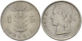 Бельгия 1 франк 1975 Belgie, Бодуэн I (1951-1993) KM 143.1 медно-никель 4546-424