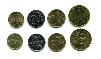 ЭСТОНИЯ ЛОТ ИЗ 4 МОНЕТ 1992-2003 (10, 20, 50 ЦЕНТОВ, 1 КРОНА) KM 22, 23a, 24, 35 UNC N2-17