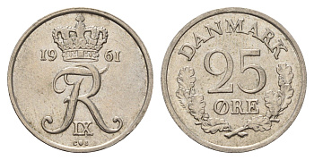 Дания 25 эре 1961 C; S, Фредерик IX (1947-1972) KM 850 медно-никель 3459-914