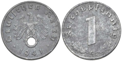 ГЕРМАНИЯ 1 РЕЙХСПФЕННИГ 1941 A KM 97, J. 369 цинк 206-1123