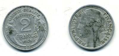 Франция 2 франка 1948 В KM 886а.2 алюминий 84-621