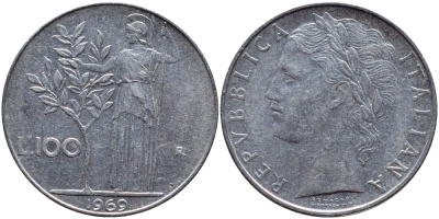 ИТАЛИЯ 100 ЛИР 1969 R, АФИНА KM 96.1 сталь 4394-611