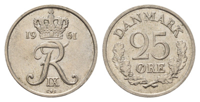 Дания 25 эре 1961 C; S, Фредерик IX (1947-1972) KM 850 медно-никель 3459-914