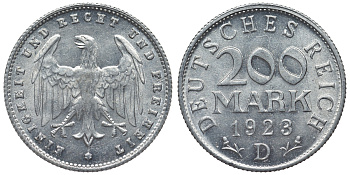 Германия 200 марок 1923 D KM 35, J. 304, Weege 22 алюминий 4119-531