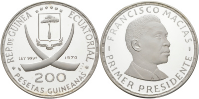 Экваториальная Гвинея 200 песет 1970 Первый президент Франсиско Масиас Нгема (1924-1979) KM 19 серебро PROOF 01-021-12-2