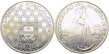 Португалия 1000 эскудо 1996 португальская мадонна с младенцем KM 696 серебро 1521-1343