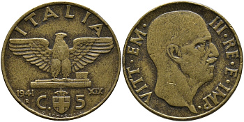 ИТАЛИЯ 5 ЧЕНТЕЗИМО 1941 R, ГОД XIX, ВИКТОР ЭММАНУИЛ III (1900-1946) KM 73а алюминиевая бронза 75-1559