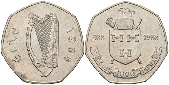 Ирландия 50 пенсов 1988 Тысячелетие Дублина KM 26 медно-никель UNC 4619-711