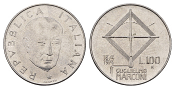 Италия 100 лир 1974 100 лет со дня рождения Гульельмо Маркони KM 102 нержавеющая сталь 4119-553