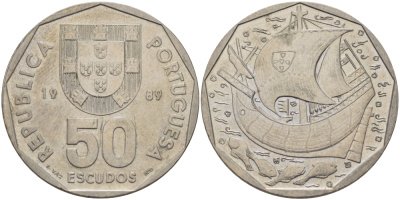 ПОРТУГАЛИЯ 50 ЭСКУДО 1989 КОРАБЛЬ KM 636 медно-никель 32-1224