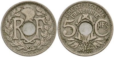 Франция 5 сантимов 1922 KM 875 медно-никель 4164-336