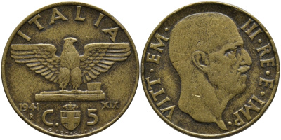 ИТАЛИЯ 5 ЧЕНТЕЗИМО 1941 R, ГОД XIX, ВИКТОР ЭММАНУИЛ III (1900-1946) KM 73а алюминиевая бронза 75-1559