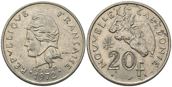 Французская Новая Каледония 20 франков 1972 три быка, (IEOM) KM 12, Schoen 14, Lec 106 никель 69-624