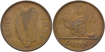 Ирландия 1 пенни 1964 курица с цыплятами KM 11 бронза 4144-1122