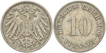 ГЕРМАНИЯ 10 ПФЕННИГОВ 1906 D KM 12, J. 13 медно-никель 34-833