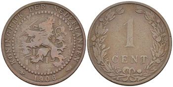 НИДЕРЛАНДЫ 1 ЦЕНТ 1906 ВИЛЬГЕЛЬМИНА I (1891-1948) KM 132.1 бронза 4547-1167