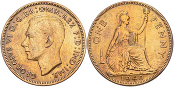 Великобритания 1 пенни 1940 Георг VI (1936-1952) KM 845, Spink 4114 бронза 180-126