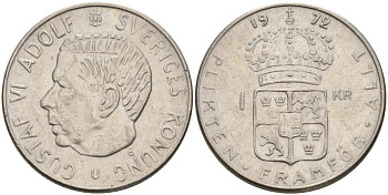 Швеция 1 крона 1972 U, Густав VI Адольф (1950-1973) KM 826а медь плакированная медно-никелем 4557-416