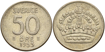 Швеция 50 эре 1953 TS, Густав VI Адольф (1950-1973) KM 825 серебро 4148-924