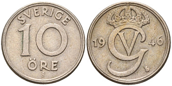 Швеция 10 эре 1946 TS, Густав V (1907-1950) KM 795 никель бронза 4147-851
